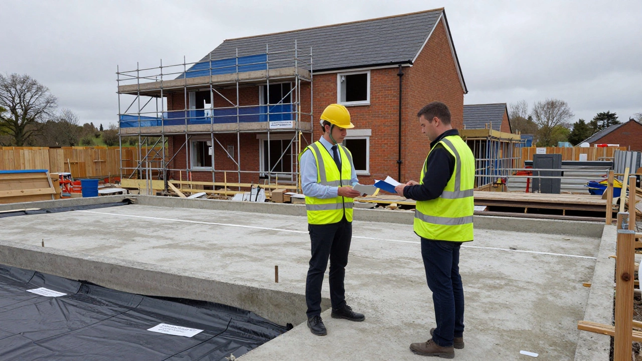 Building inspector checking foundations during a UK home extension construction.