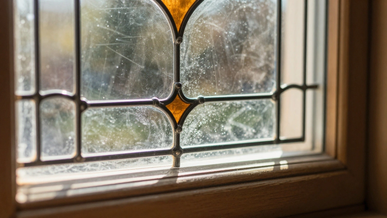 Close up of clean leaded glass window with sunlight streaming through