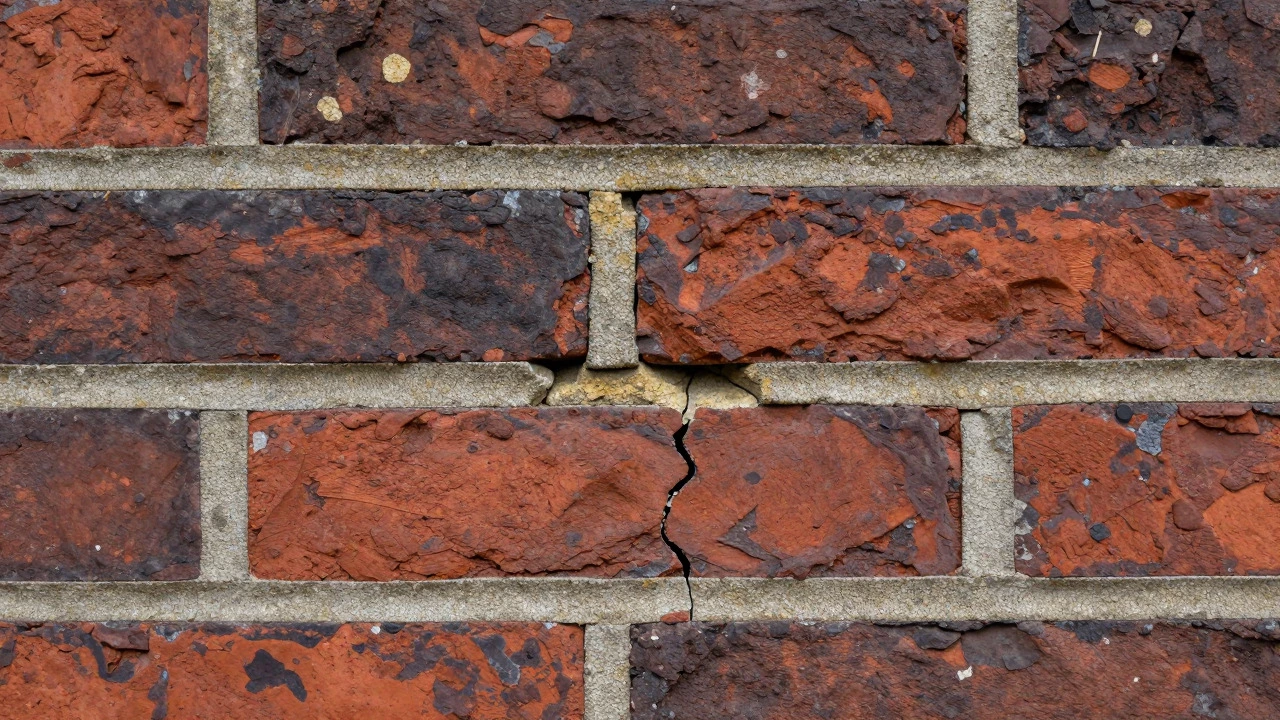 Close up of stair-step crack in old brickwork mortar