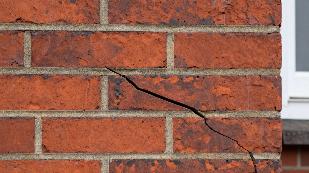 Close-up of stair-step crack in red brick exterior wall of an old house