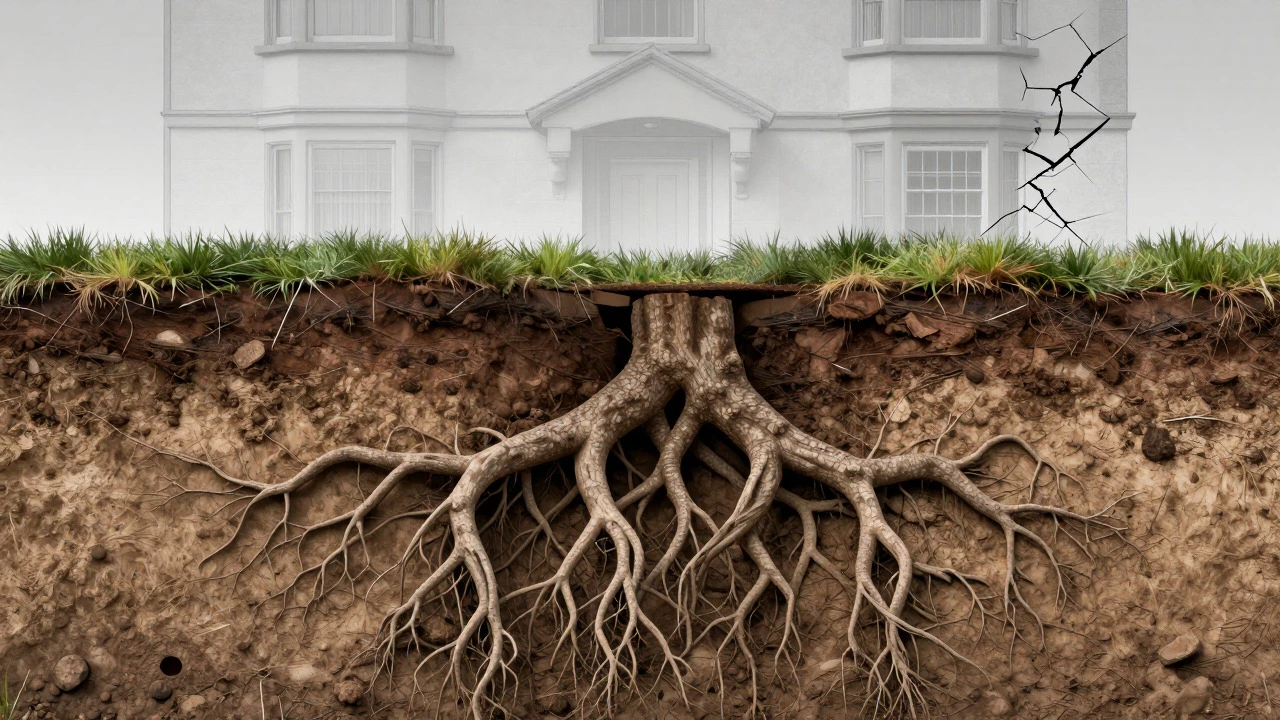 Cross-section view showing tree roots causing subsidence under a house foundation