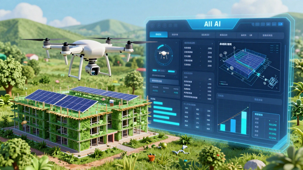 Drone surveying a green building site alongside digital AI management interfaces