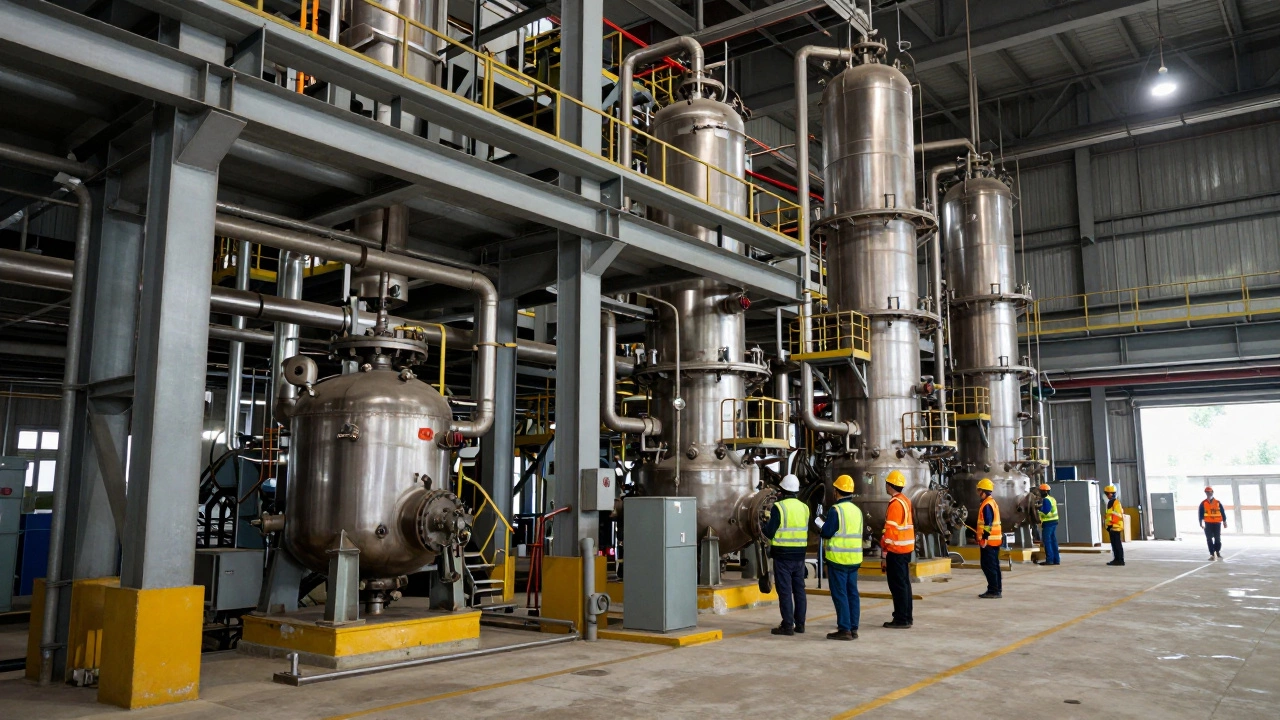 Interior of industrial factory with steel beams, pipes, and workers in safety gear.