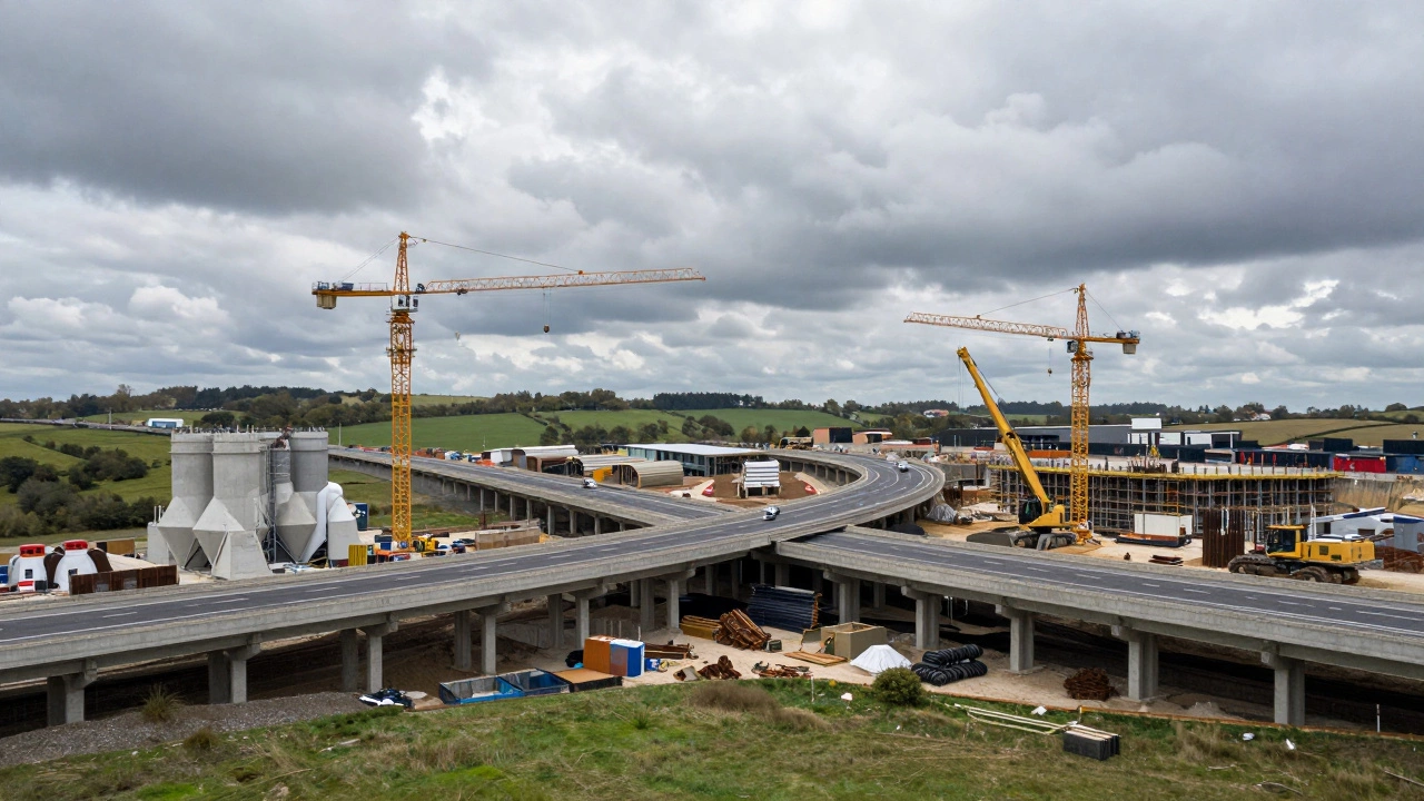 Large-scale civil engineering site with cranes building a highway bridge foundation.