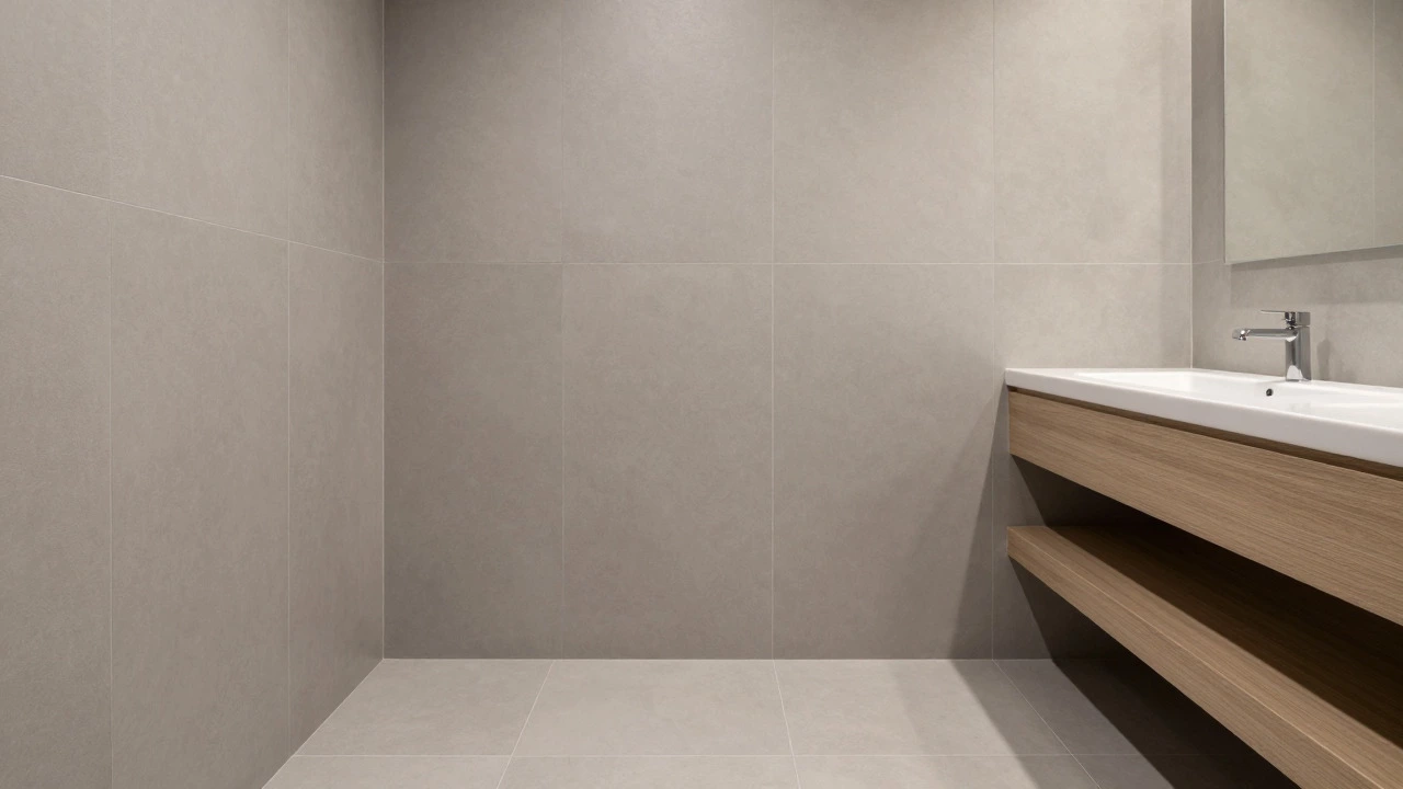 Modern bathroom with greige walls, wood vanity, and large gray tiles