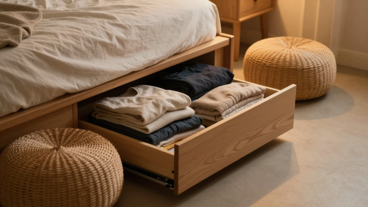 Platform bed with hidden drawers and storage ottoman