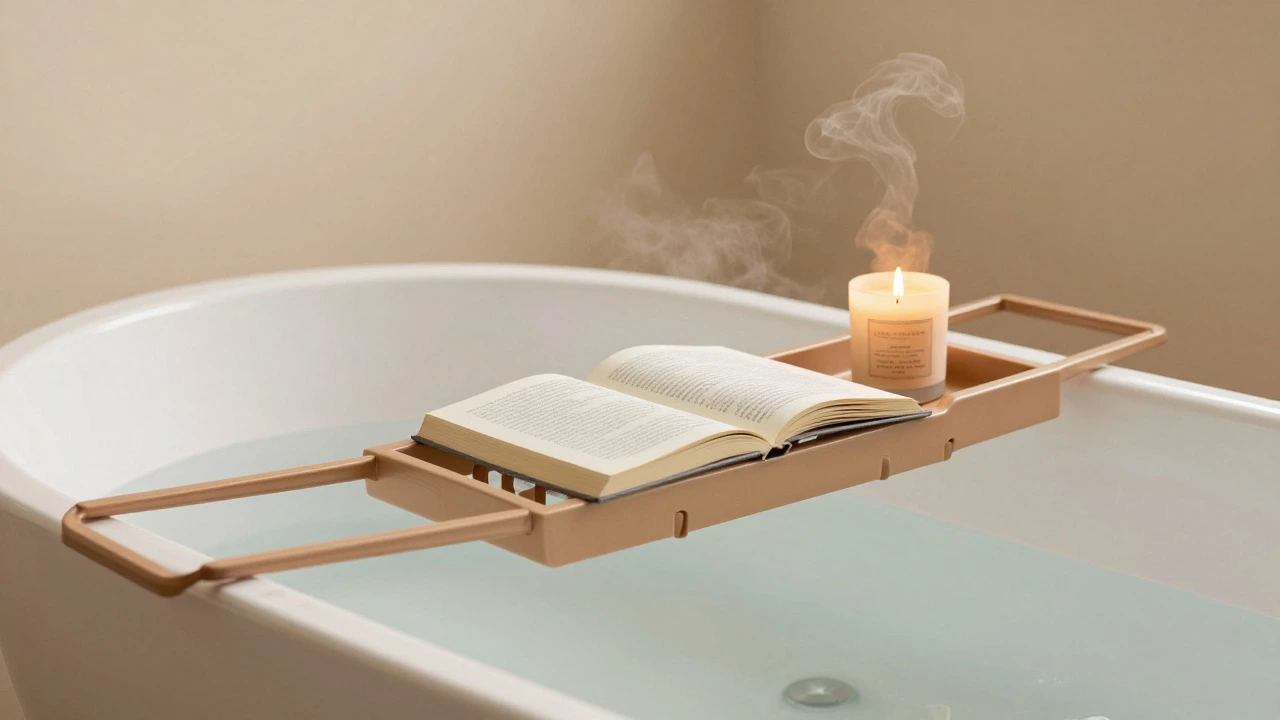 Relaxing bathtub with book, candle, and steam