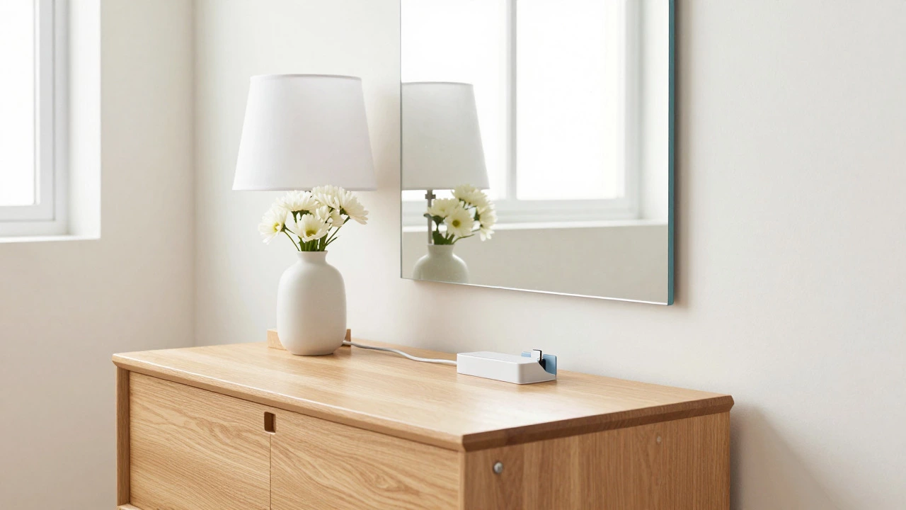 Tidy nightstand with mirror reflecting light for spacious feel
