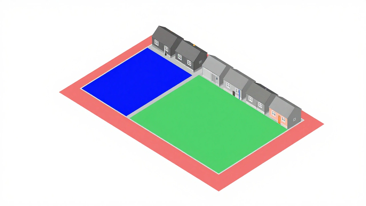 Top-down diagram illustrating the 50% land coverage rule for house extensions.