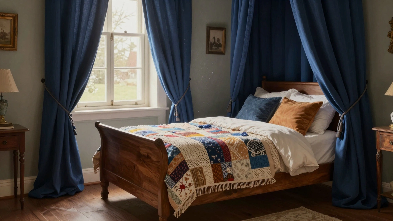 Traditional bedroom with heavy navy drapes, sleigh bed, and layered quilts