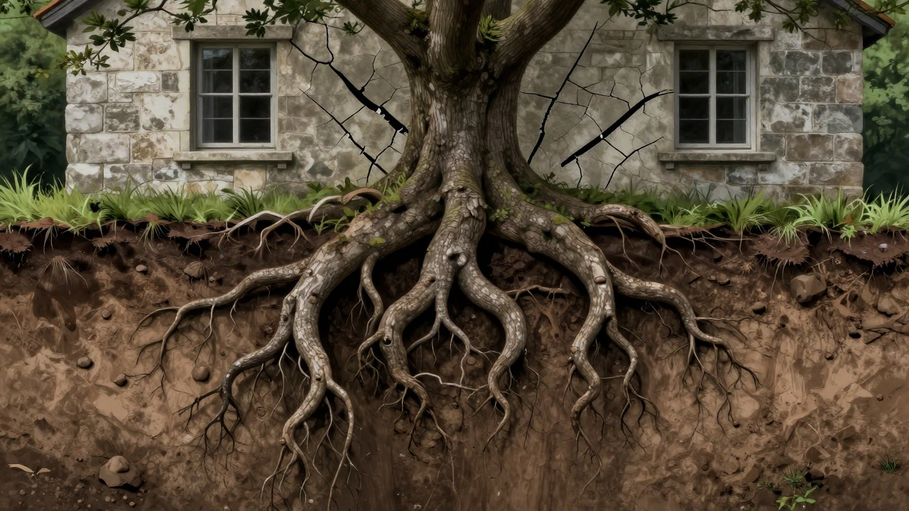 Tree roots causing foundation subsidence and wall cracks