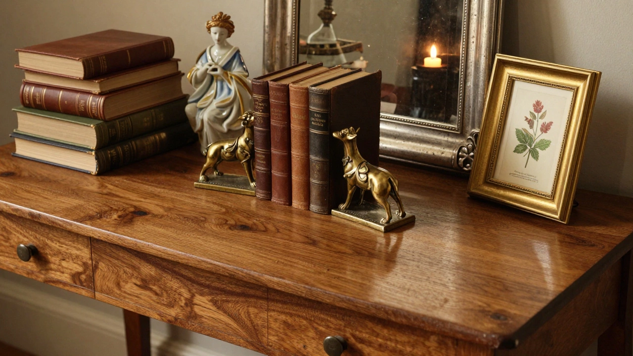 Vintage walnut table with leather books, bronze ornaments, and antique mirror