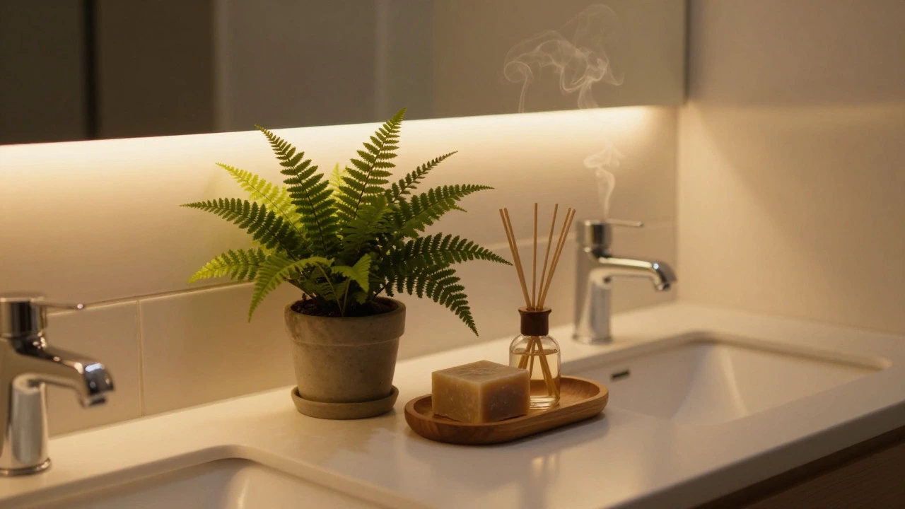Warmly lit vanity with mirror LEDs and plants