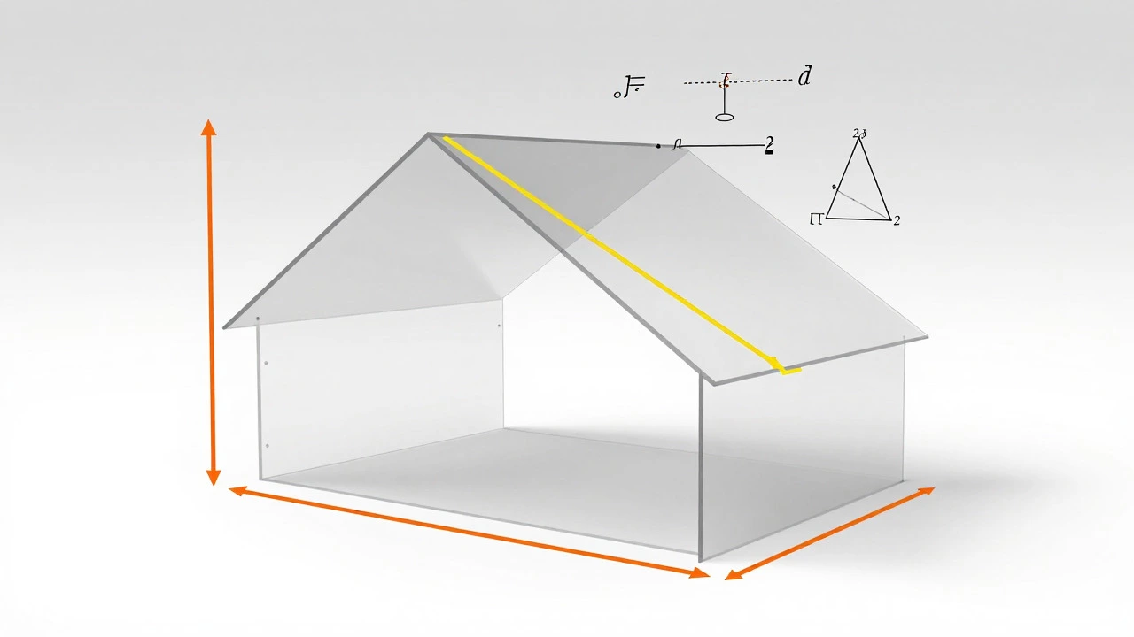 3D diagram illustrating roof pitch geometry and rafter length calculation