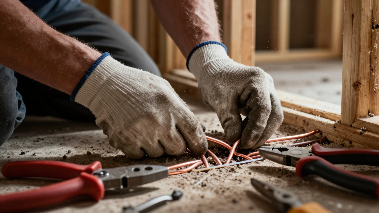 Close-up of electrician's hands installing wiring in a new building interior