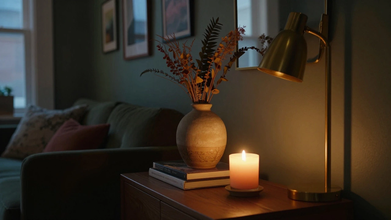 Cozy corner with books, vase, and candle illuminated by warm evening light