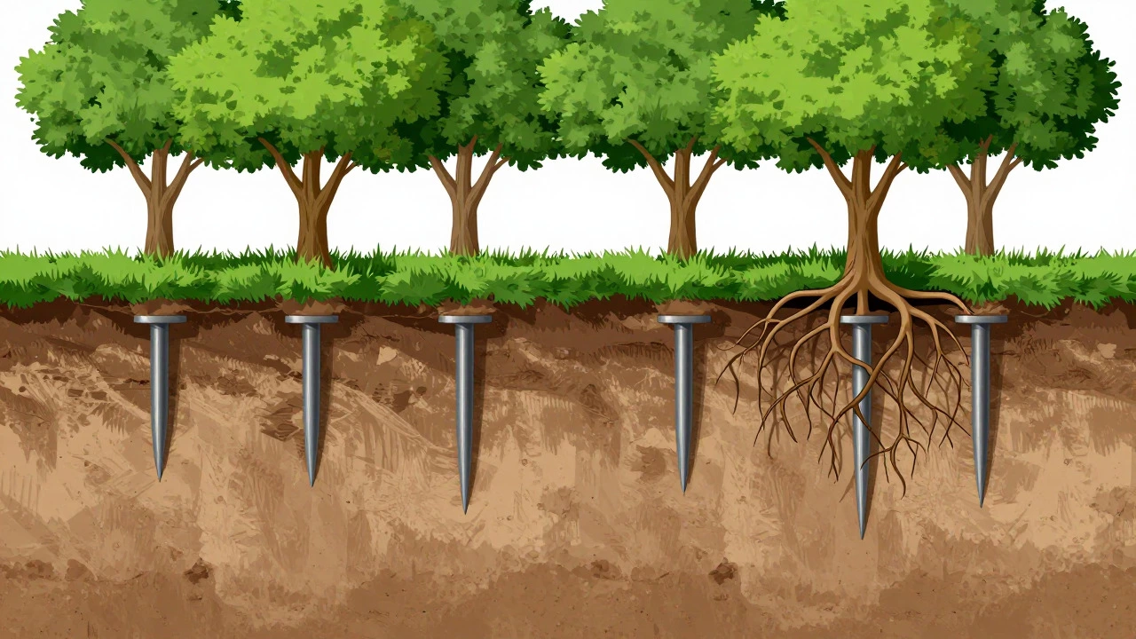 Cross-section view of steel piers stabilizing a house foundation in clay soil