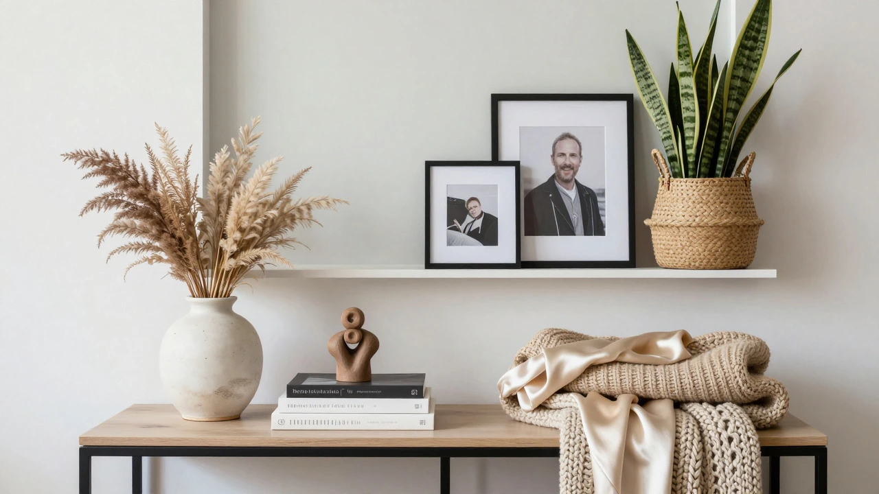 Curated console table with decorative objects and plants adding texture