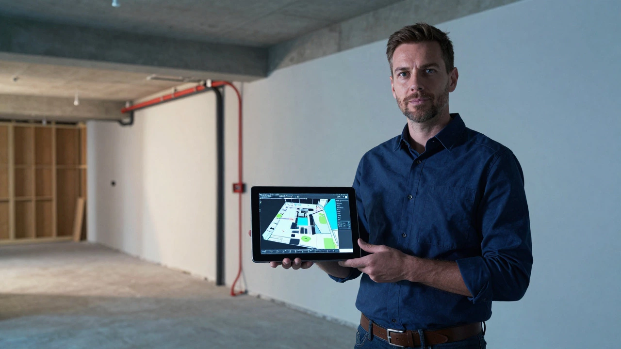 Designer using AR tablet to visualize building systems in a commercial space