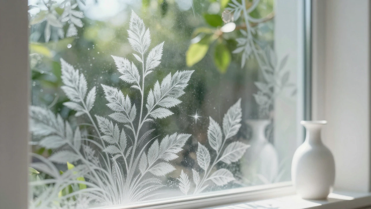 Frosted botanical window film diffusing light on a pristine glass pane.