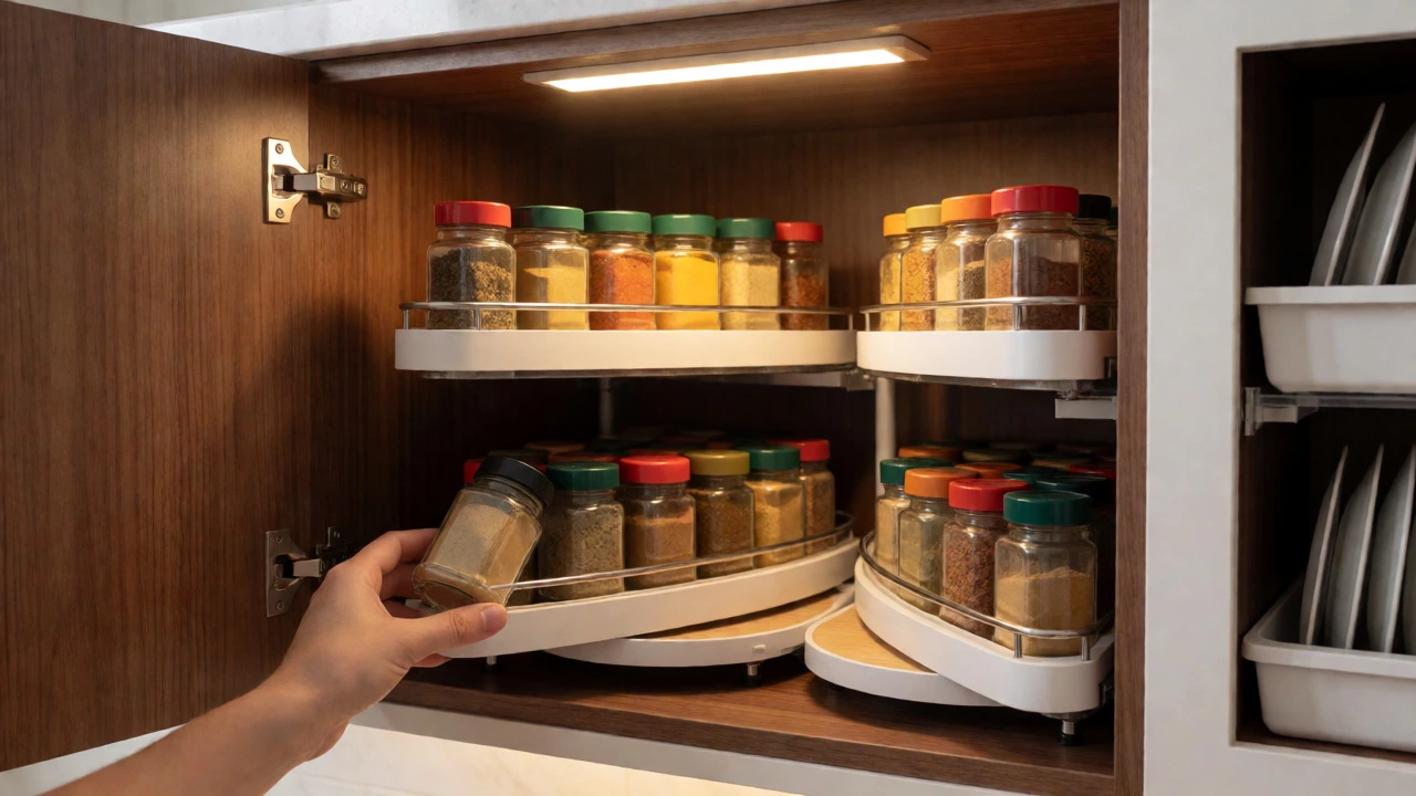 Hand retrieving spice jar from tiered rack in organized kitchen cabinet