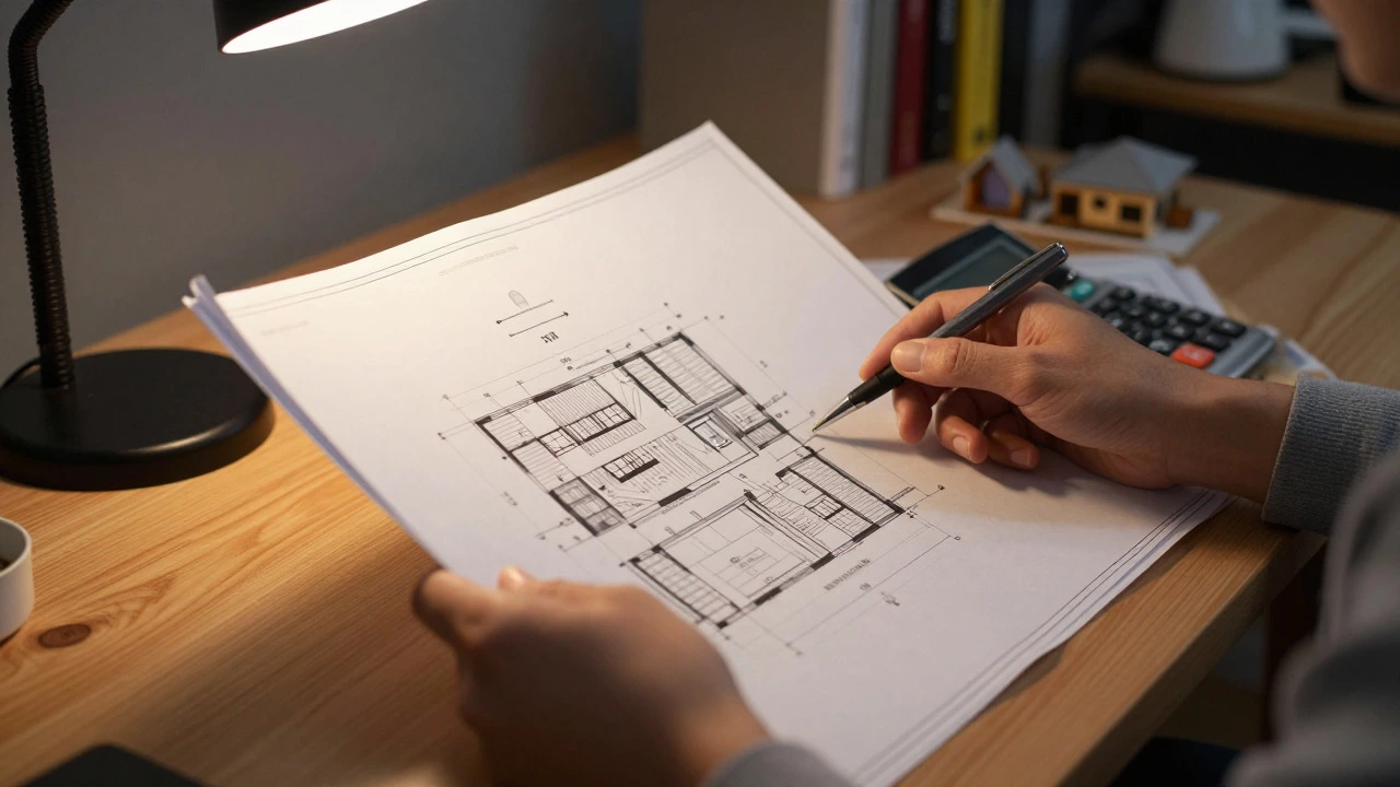Hands reviewing construction blueprints and financial calculations