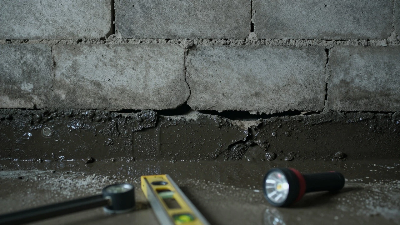 Horizontal crack in basement foundation wall showing water damage and bowing