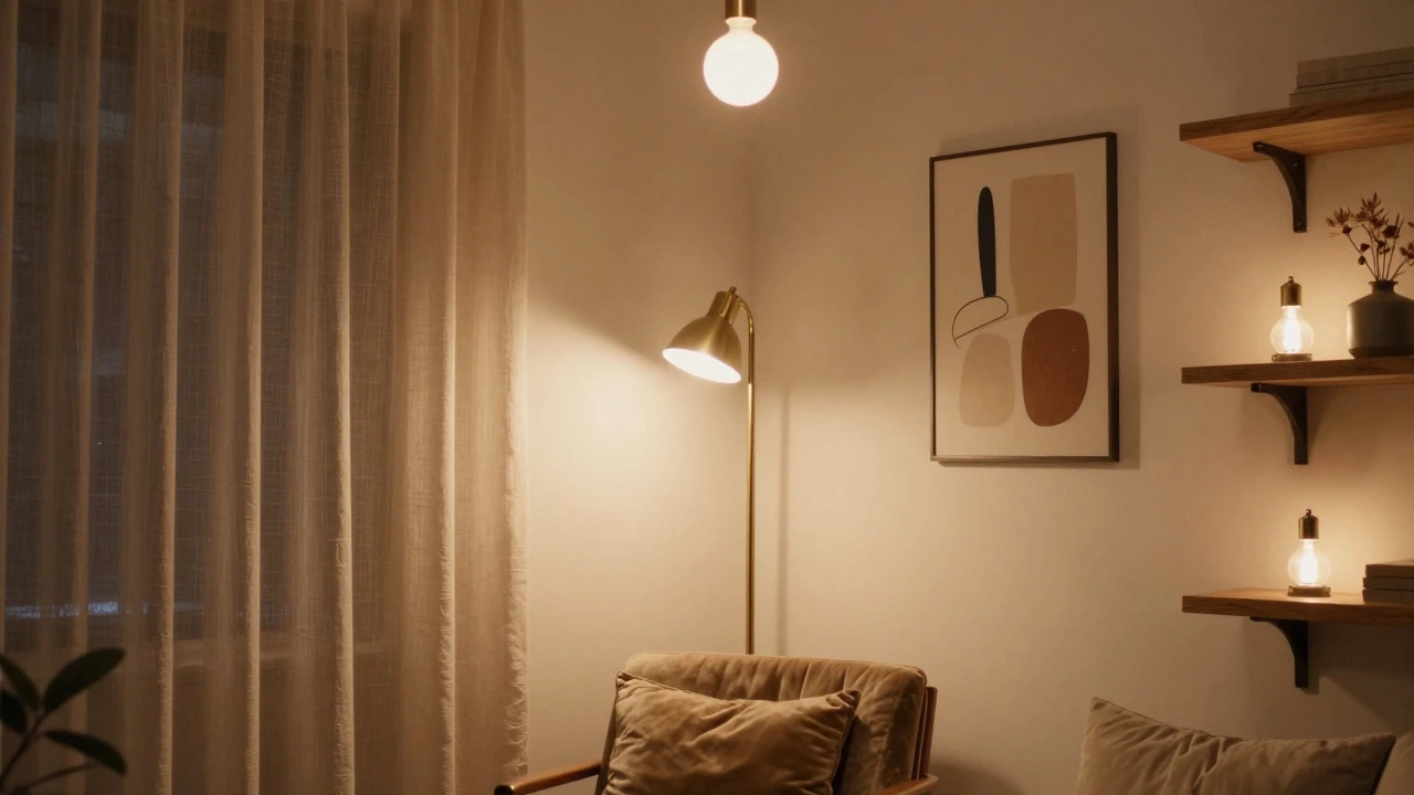 Layered warm lighting creating a cozy evening atmosphere in a living room