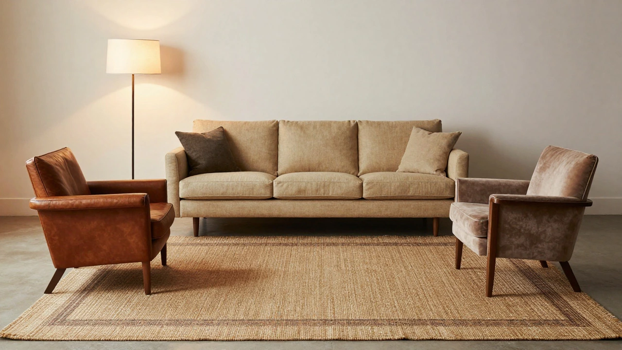 Living room with sofa, mismatched chairs, and layered rugs arranged for conversation