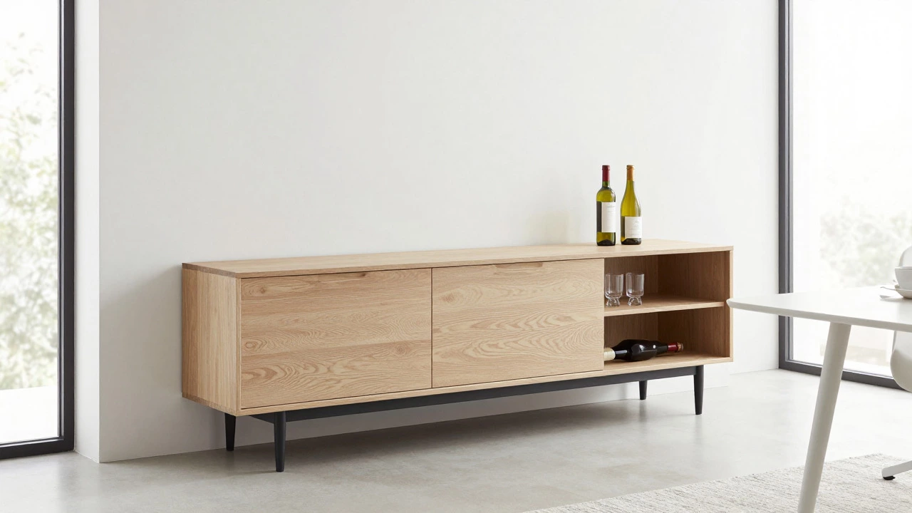 Low-profile light oak sideboard with open shelves in a modern Scandinavian dining area