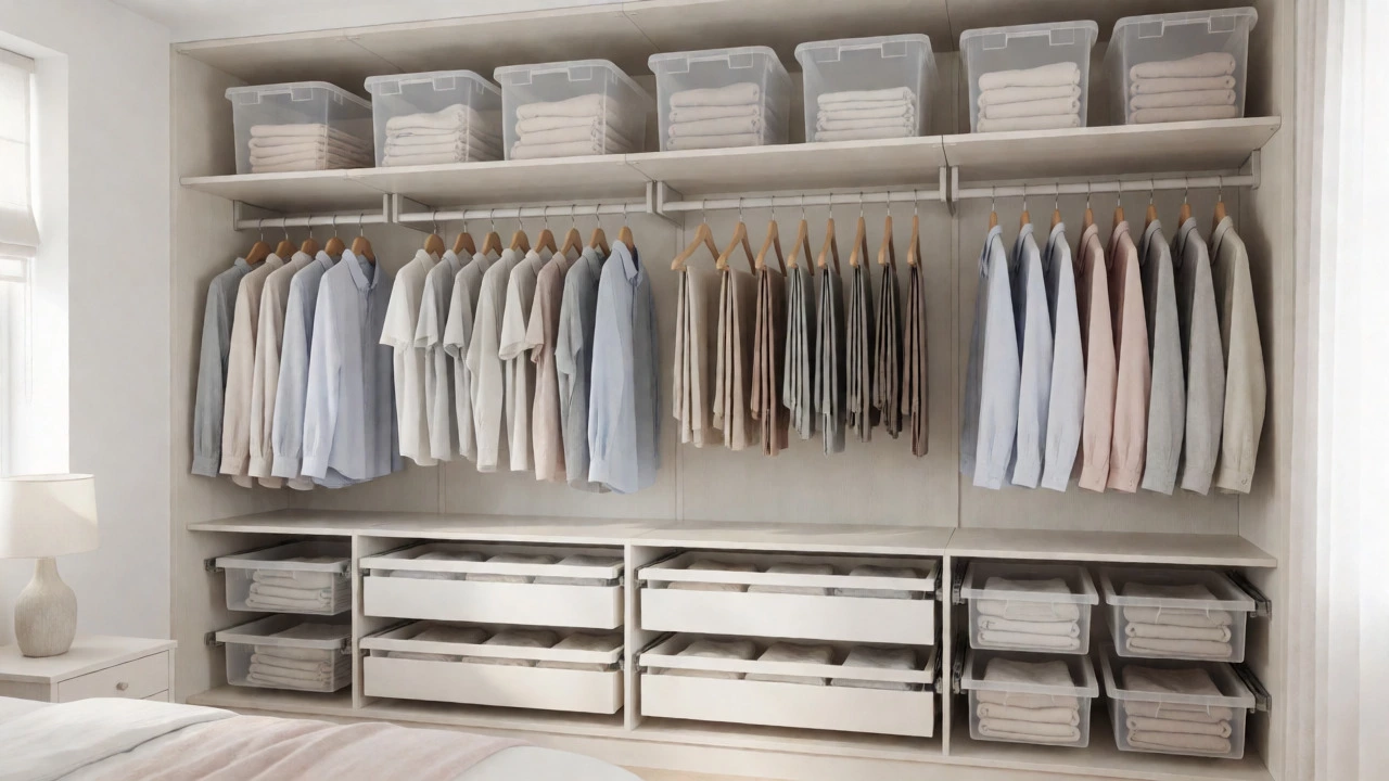 Organized walk-in closet with double rods and pull-out drawers