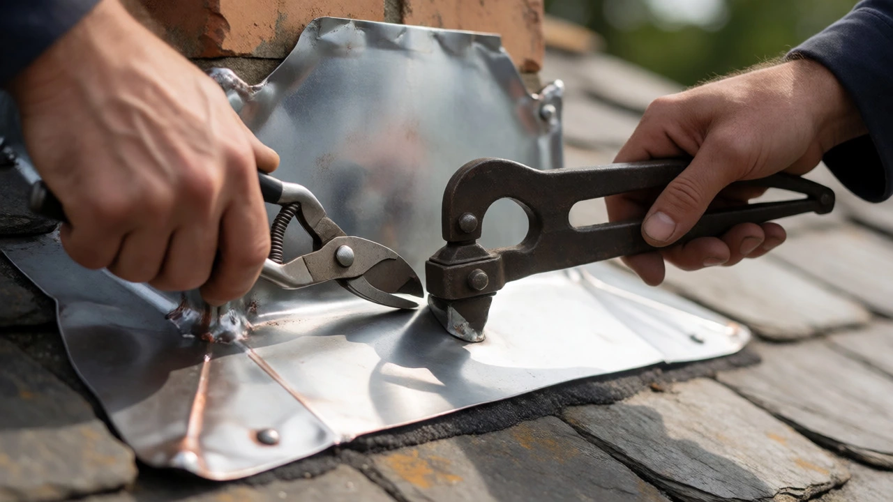 Sheet metal worker using snips to install precise flashing on a slate roof.