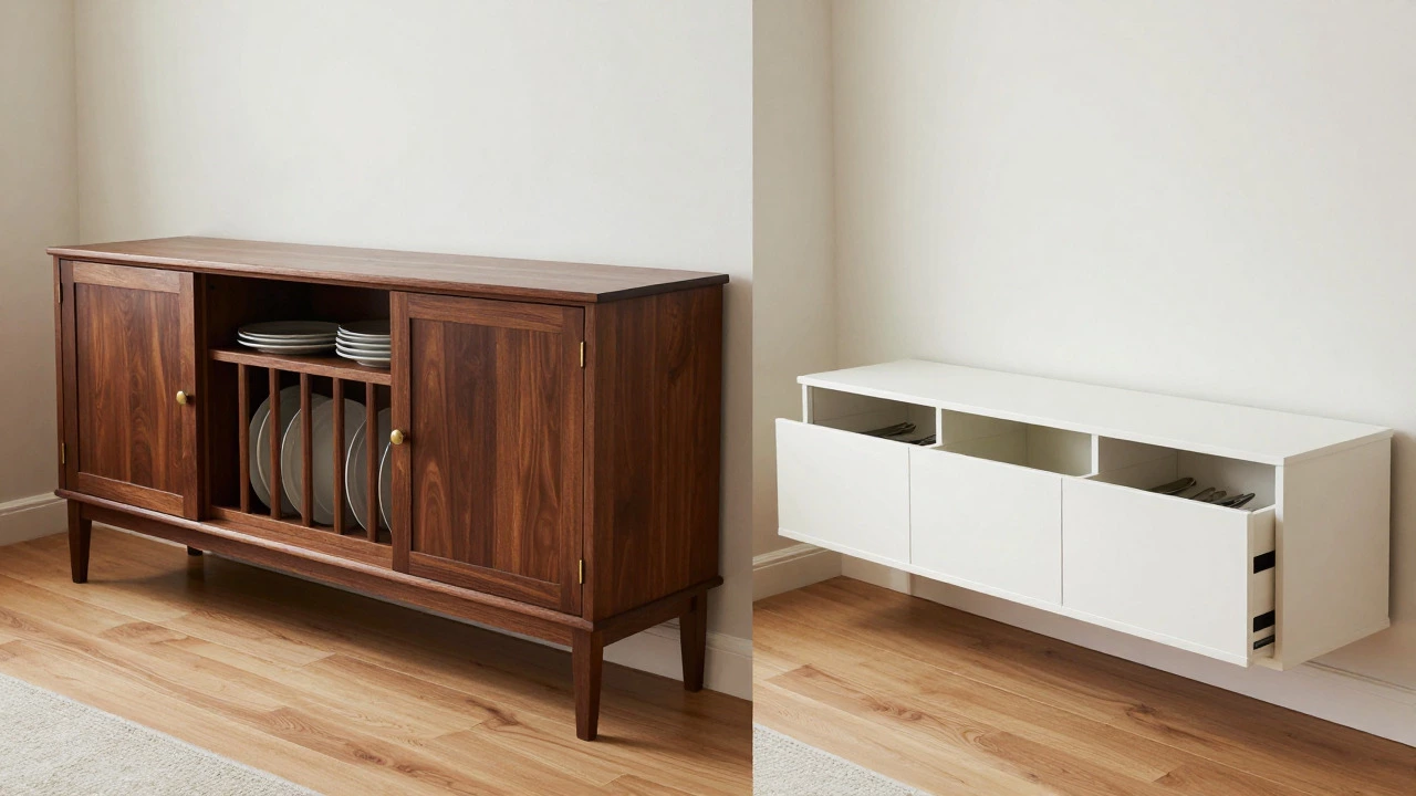 Side-by-side comparison of a tall credenza and a low sideboard in dining settings