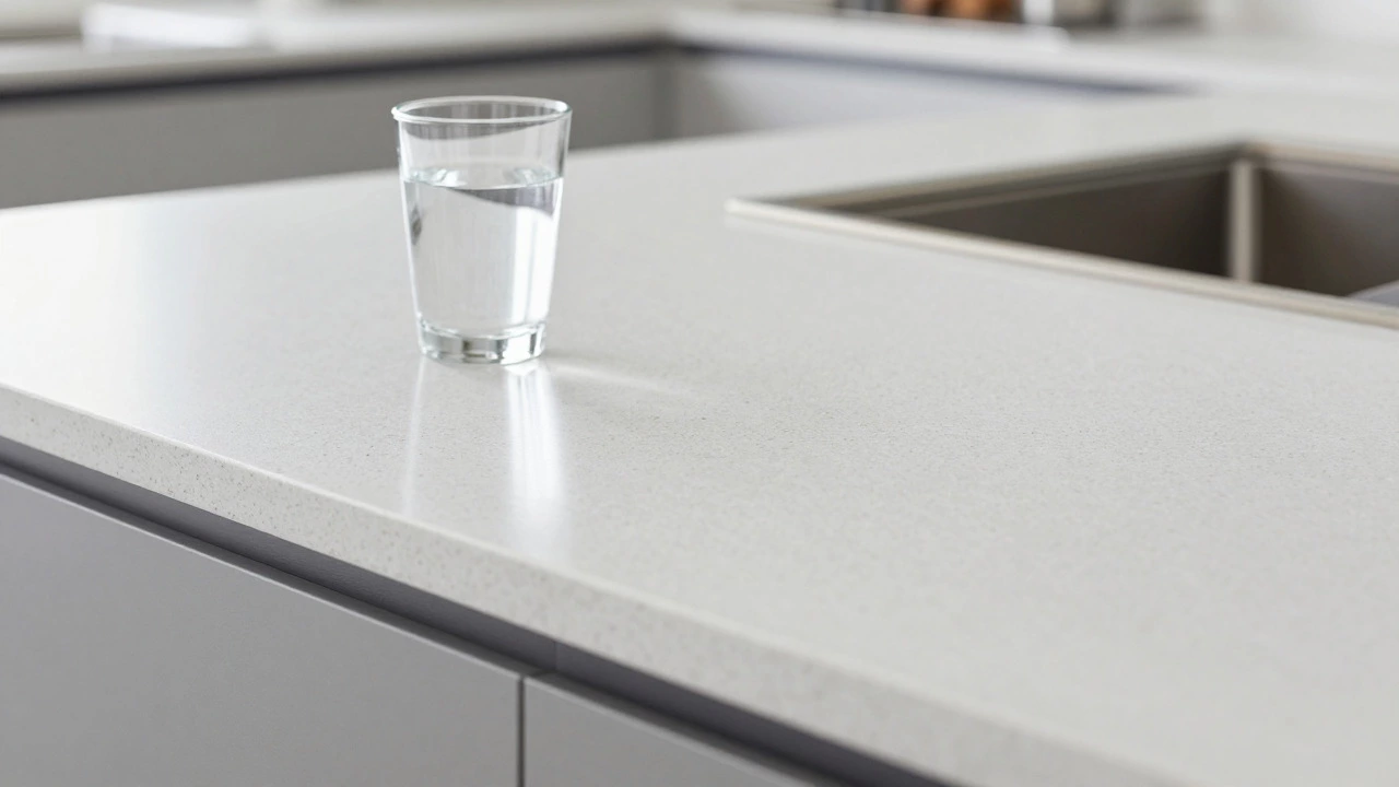 Speckled engineered quartz countertop with a glass of water in a modern kitchen