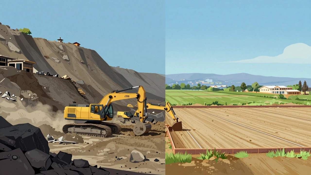 Split view comparing expensive hillside building vs affordable valley lots