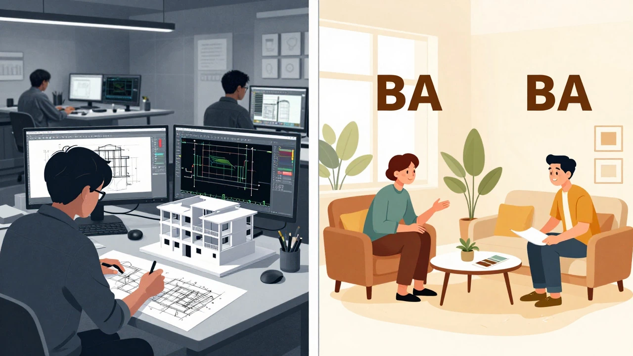 Split view contrasting technical BFA studio work with aesthetic BA client consultation