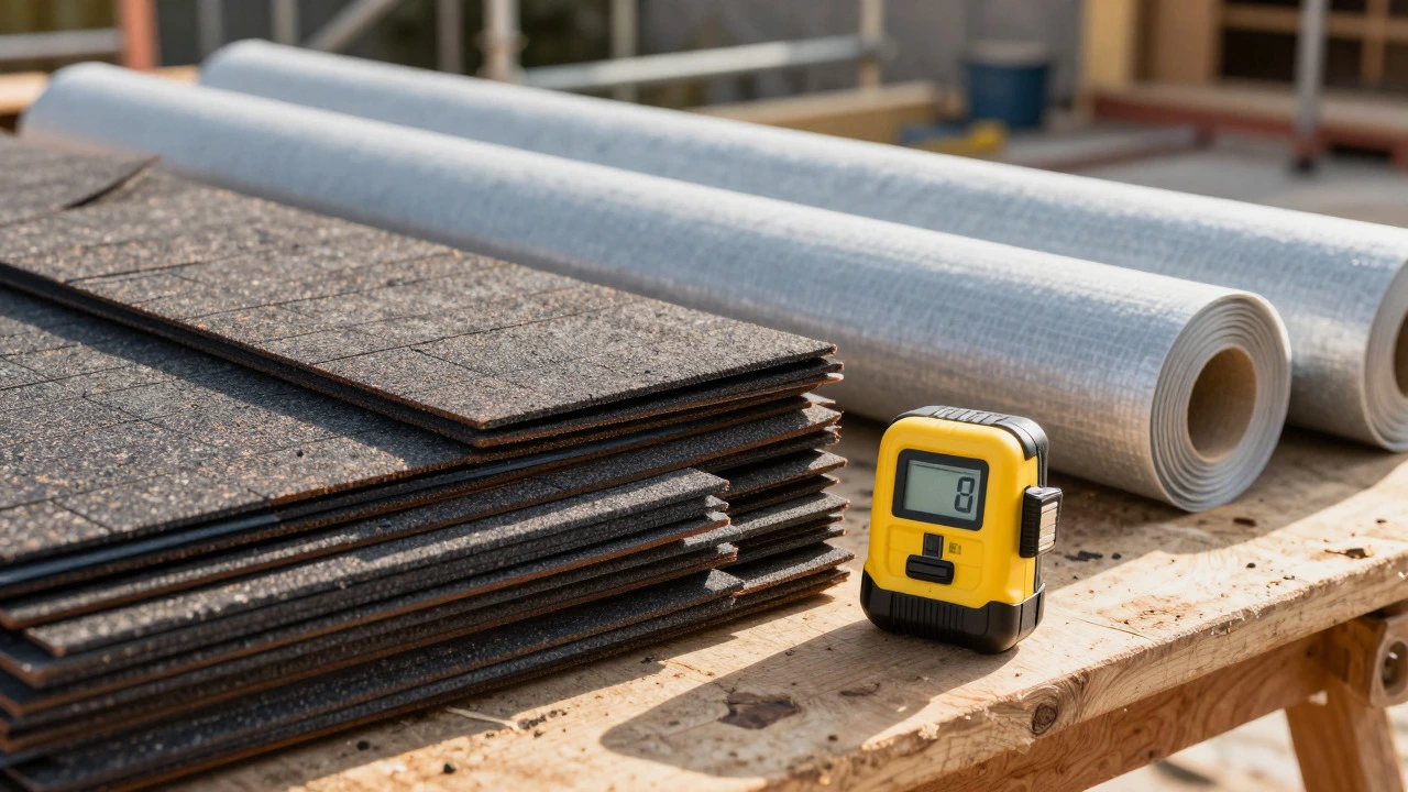 Stacks of shingles and a laser measure on a workbench for roofing projects