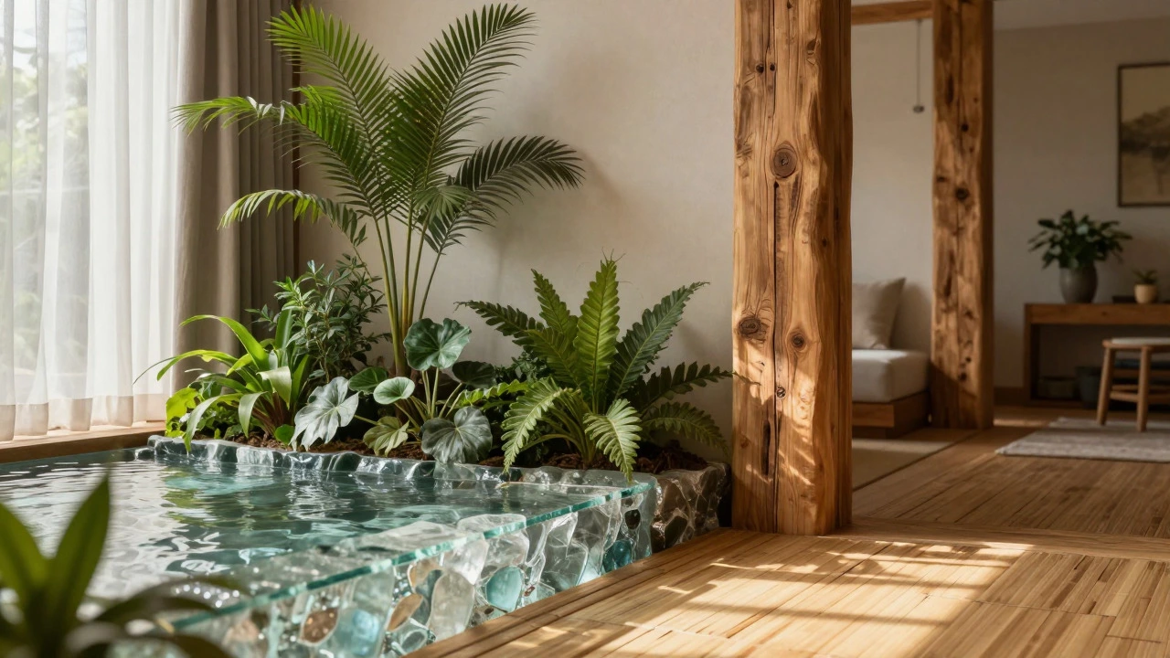 Sustainable interior design with reclaimed wood and indoor plants