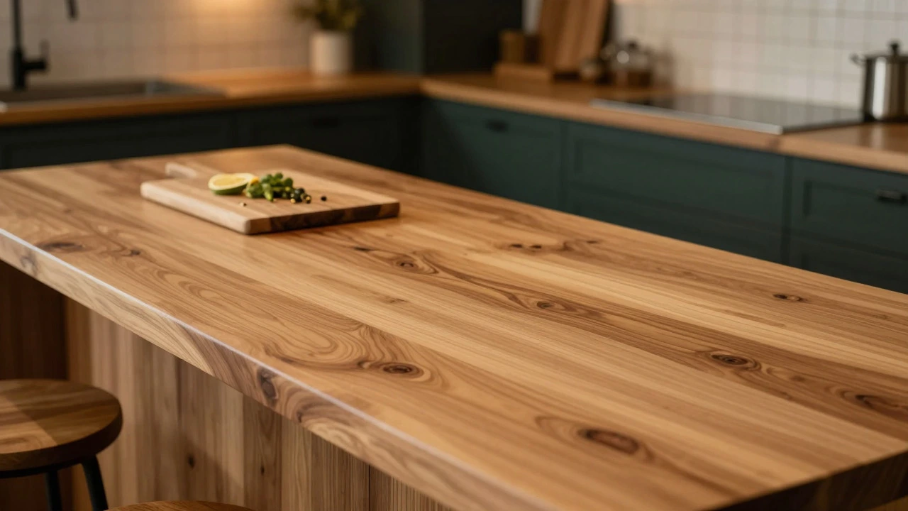 Warm butcher block wood kitchen island with rich grain patterns and ambient lighting