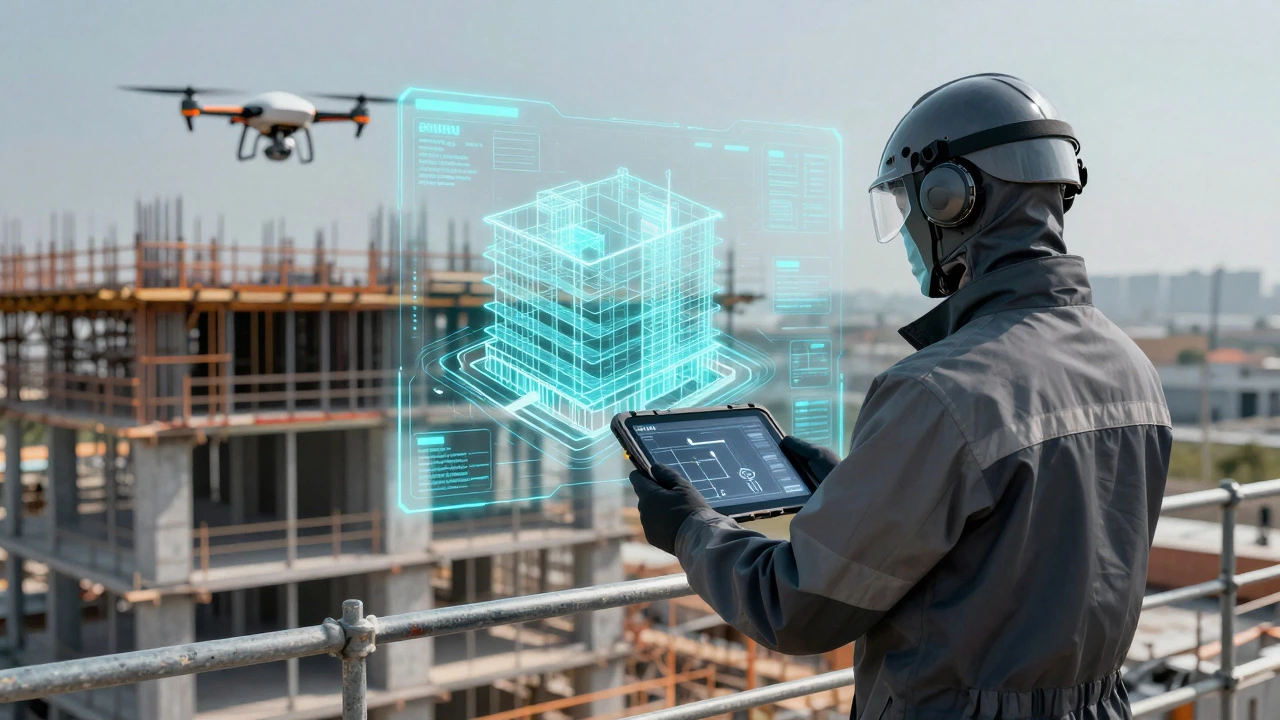 Worker using tablet with holographic BIM model and drone on construction site