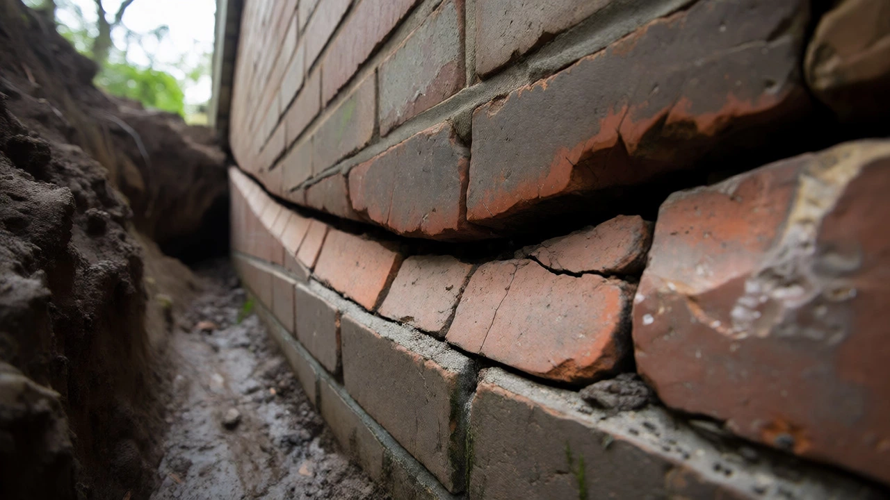 Bowed brick foundation wall with horizontal cracks caused by external soil pressure.