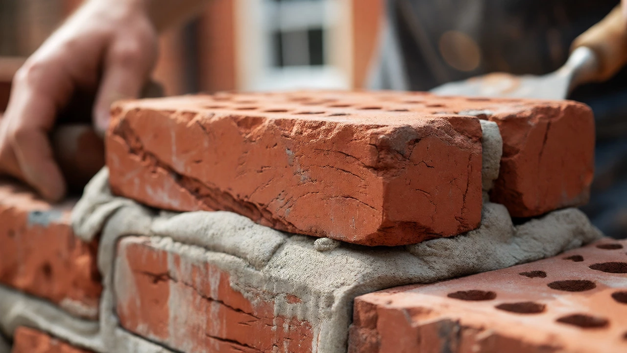 Close-up of a mason laying red clay bricks with fresh mortar.