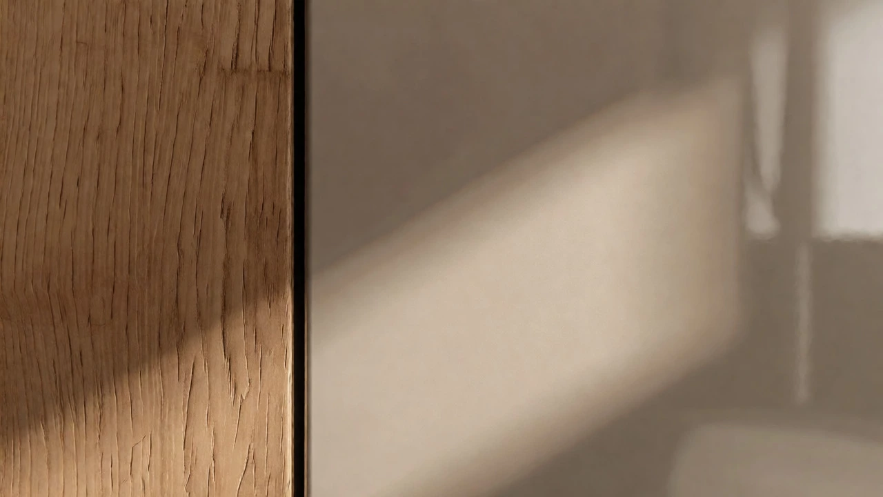 Close-up of satin wood grain and matte greige cabinet finishes showing texture.