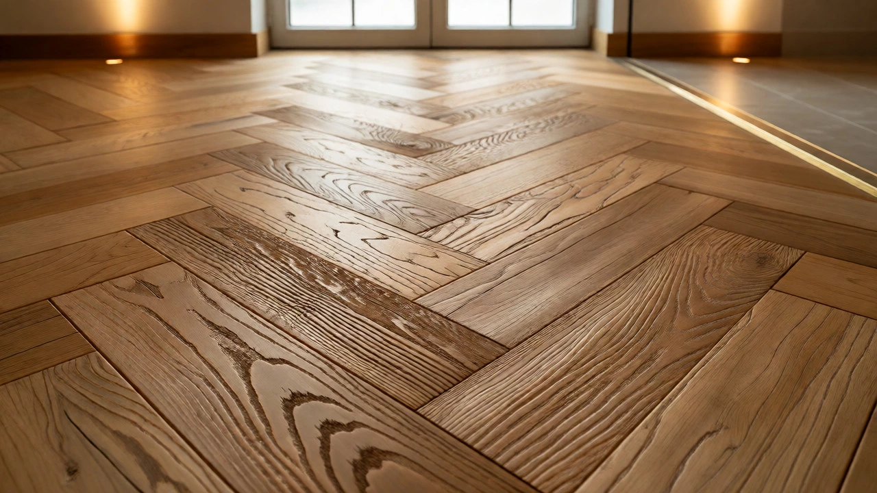 Close-up of wide-plank herringbone oak flooring with textured grain and warm lighting.