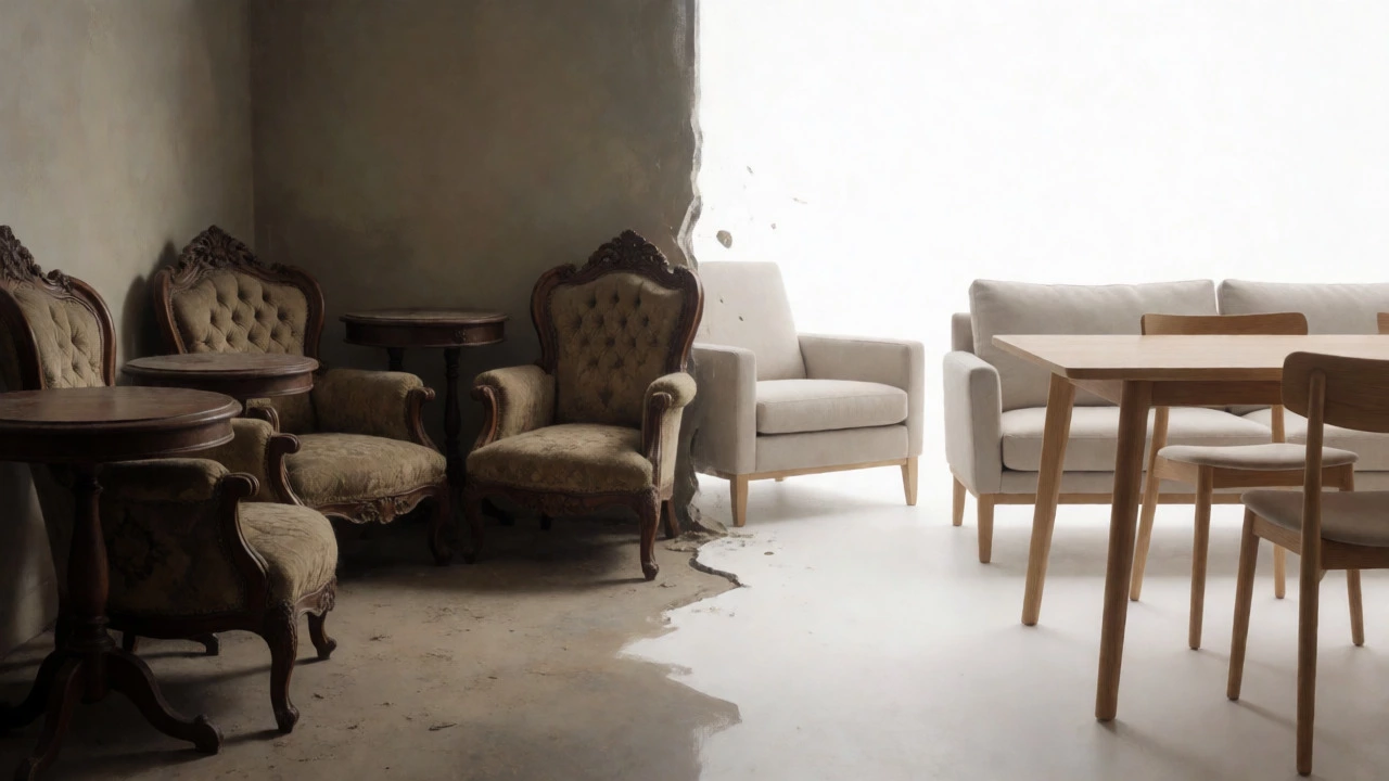 Conceptual art showing the clash between traditional ornate furniture and modern minimalist design trends.