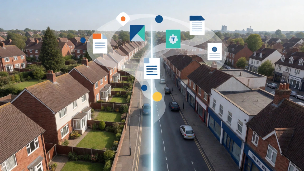 Conceptual visualization of UK zoning laws separating residential and commercial properties.
