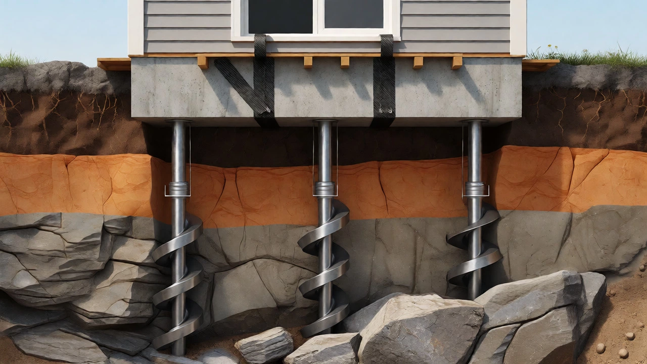 Cross-section diagram showing helical piers and carbon fiber straps repairing a foundation.