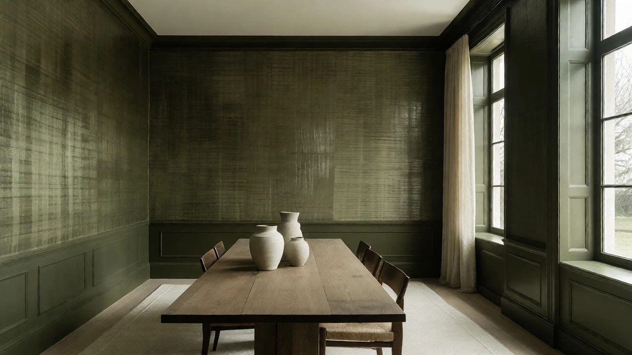 Dining room with deep olive green grasscloth wallpaper