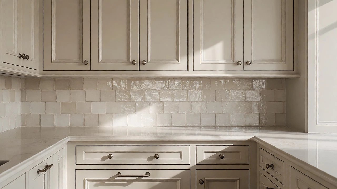 Elegant greige kitchen with textured tile backsplash and brushed nickel details