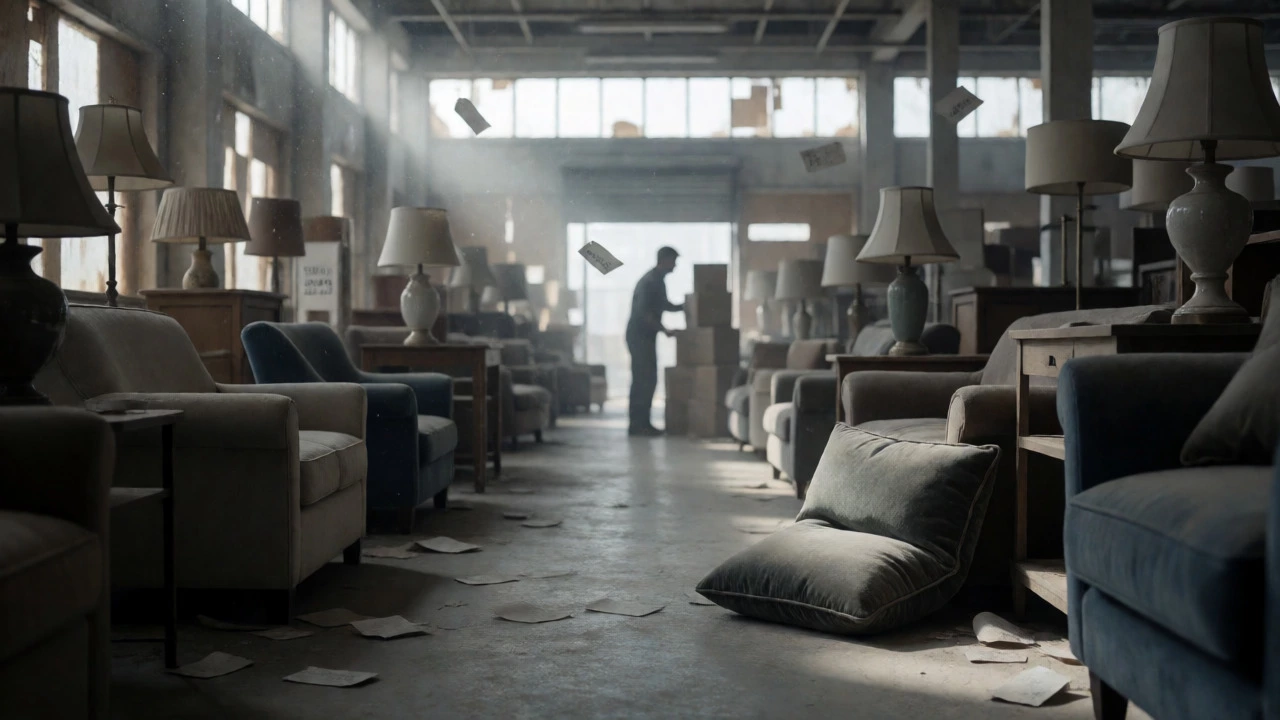 Empty furniture store aisle during liquidation with dust motes and discarded items under natural light.